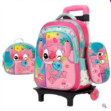 Imagem de kit Mochila De Rodinha Escolar Menina Carrinho Lancheira Térmica Estojo Duplo