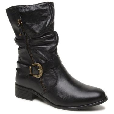 Imagem de Bota Feminina Couro Cano Médio Sanfonada Salto Baixo Zíper Cor:PretoTa