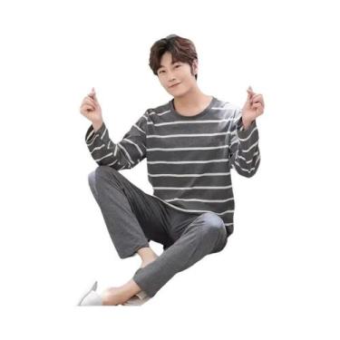 Imagem de Conjunto De Pijamas Masculinos Pretos Com Listras De Manga Longa Outon