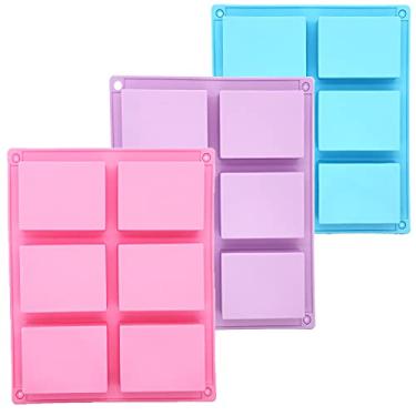 Imagem de Pacote com 3 moldes de sabão de silicone – 6 moldes retangulares de cavidade para sabonete, muffin, pão, pão de milho, bolo, chocolate e bandejas de cubos de gelo (azul, rosa, roxo)