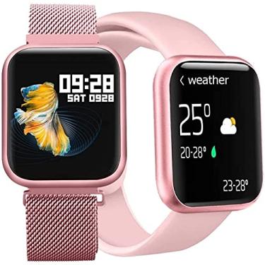 Imagem de Relógio Smart watch P80 Pedômetro Bluetooth Pressão Arterial Frequência Cardíaca Oxigênio(Rosa) com 2 Pulseiras (aço e borracha)