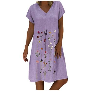 Imagem de SLENDIPLUS Vestido feminino de algodão e linho, estampa floral, plus size, bordado, manga curta, gola V, vestido curto casual, Roxa, XXG