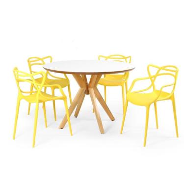 Imagem de Conjunto Mesa de Jantar Redonda Marci Premium Branca 120cm com 4 Cadeiras Allegra - Amarelo