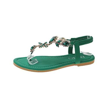 Imagem de Sandália HASLYE Glitter Crystal Glamourosa Verão Feminino Elastic Flats Bohemian Outdoor Platform Sandals (Verde,8)