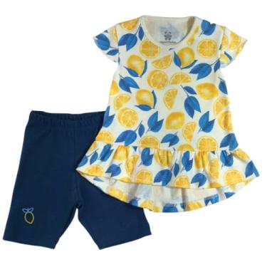 Imagem de Conjunto infantil camiseta manga curta cru estampada limão amarelo e azul e shorts azul marinho com bordado limão