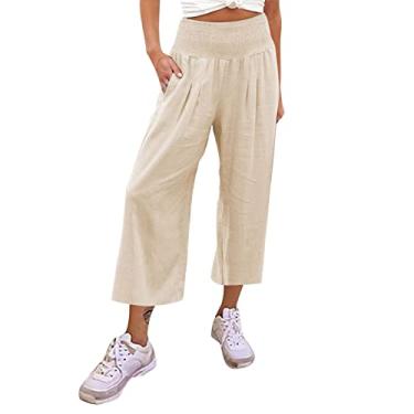 Imagem de Calça de moletom feminina de cintura alta folgada de verão Y2K calça social de linho rodada casual, Bege, XXG