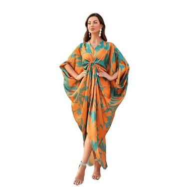Imagem de TOLEEN Vestidos Kaftan para mulheres plus size vestido Abaya vestido túnica vestidos caftan tamanho EUA 6-26, Verde laranja-b, M