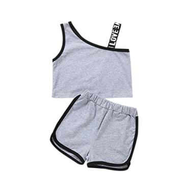 Imagem de Roupas para meninas prematuras primavera verão estampado algodão canelado sem mangas colete shorts roupas roupas, Cinza, 5-6 Anos