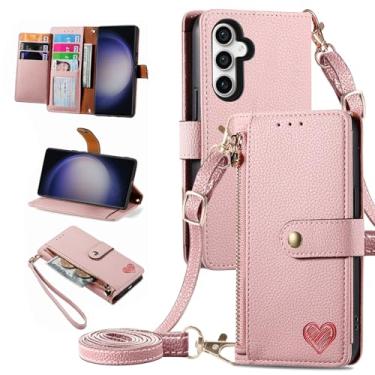 Imagem de Furiet Capa carteira para Samsung Galaxy S24 5G Bolsa de bolso com zíper com alça de pulso, suporte de couro PU flip fólio porta-cartões acessórios capa de celular para S 24 24S GS24 G5 feminino rosa