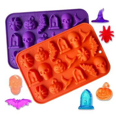 Imagem de Pacote com 2 moldes de chocolate de Halloween, abóbora, morcego, caveira, tumba, forma de aranha, molde de silicone para chocolate, doces, geleia, cubo de gelo, biscoitos derretidos, bolos, molde de