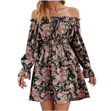 Imagem de Generic Vestido de praia feminino comprimento 3/4 manga bufante vestido de ombro vazado para mulheres chiffon floral midi vestido plissado havaiano, W-752 Preto, P