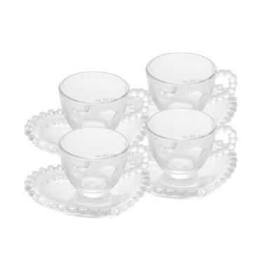 Imagem de WOLFF - Conjunto 4 Xícaras de Café de Cristal com Pires Coração 85ml - Linha Pearl
