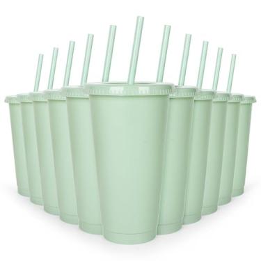 Imagem de Whaline 12 peças de copos de plástico verde sálvia com tampas planas canudo reutilizável copo grande caneca de viagem copos decoração de festa para café gelado bebidas suprimentos de festa, 680 g