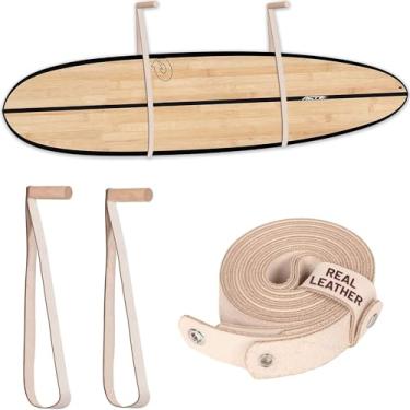 Imagem de Hang 11 Suporte de parede para prancha de surfe – cabides de parede para prancha de surf, lindo suporte de madeira e couro sustentável, perfeito para exibir sua prancha, racks de surf horizontais,