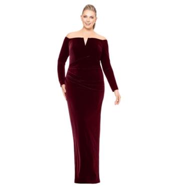 Imagem de Xscape Vestido maxi feminino plus size de veludo com ombro de fora e manga comprida com decote em V e zíper central nas costas, Borgonha, 48
