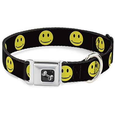 Imagem de Buckle-Down Coleira para cachorro com fivela de cinto de segurança - Cara feliz preto/amarelo/preto - 3,8 cm de largura - Serve em pescoço de 40,6 a 58,4 cm - Médio
