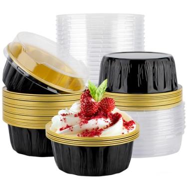 Imagem de EUSOAR Forros de cupcake, 25 peças de ramequins descartáveis pretos de 255 g com tampas seguras para forno, formas de recipiente de bolo com tampas, padaria, cheesecakes, muffins de torta, suportes