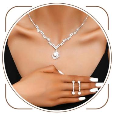 Imagem de Brishow Conjuntos de joias de casamento, colar de strass prata brilhante, bijuteria de noiva para mulheres, One size, Strass, Sem Pedra Preciosa
