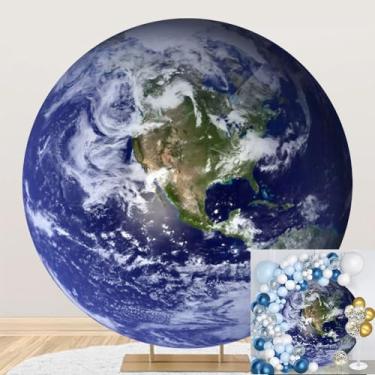 Imagem de TTQYFNM Capa de fundo redondo planeta Terra 3D de 2 x 2 m poliéster azul terra vista do espaço sideral para chá de bebê, crianças, decoração de faixa de festa de aniversário com tema de astronauta