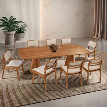 Imagem de Mesa De Jantar Noronha 220cm Madeira Tampo Barril 8 Cadeiras Eva Linho Off / Imbuia Nat
