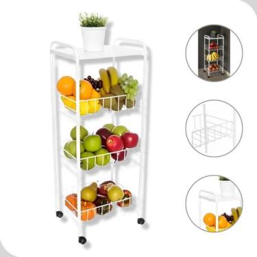 Imagem de Fruteira 3 andares de Chão Aramada Com Rodinhas Tampo Madeira Branca -