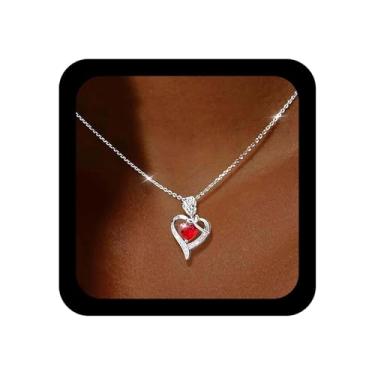 Imagem de Xduargs Colar Boho Rose Love Heart Silver Rose Flower Gargantilha Colares Vintage Vermelho CZ Coração Pingente Colar Minimalista Cristal Oco Love Chain Colares Joias para Mulheres