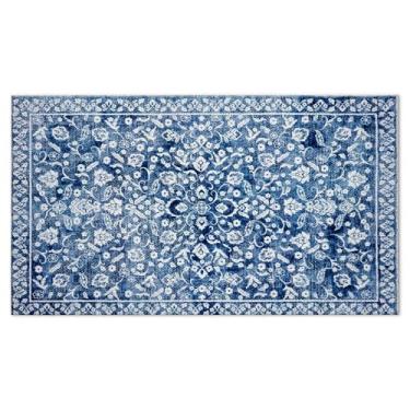 Imagem de CIOJUNE Tapete de porta persa vintage, tapete floral azul chique gasto para varanda de entrada da porta da frente, tapetes de banho azuis e brancos para banheiro, tapetes de boas-vindas clássicos para