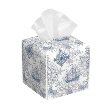 Imagem de Capa quadrada de caixa de lenços vintage para veleiro, suporte de lenços de couro com cinto inferior, organizador de papel facial de couro à prova d'água, capa de caixa de lenços para escritório