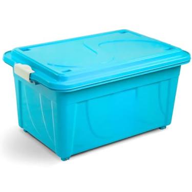 Imagem de Caixa Organizadora Brinquedos Multiuso COM RODINHAS 60 Litros Com tampa e Trava Grande Escritório(AZUL)