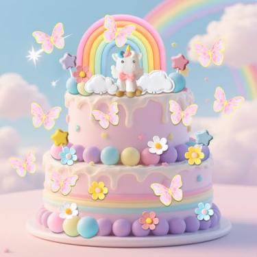 Imagem de 47 peças de artigos de festa de unicórnio - topo e decoração de bolo arco-íris - lembrancinhas de festa de unicórnio