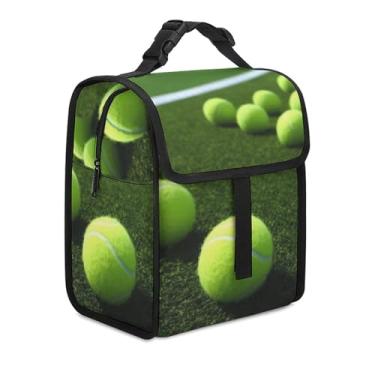 Imagem de Bolas de tênis na quadra de tênis estampada reutilizável isolada lancheira para homens e mulheres, linda à prova de vazamento, grande espaço, refrigerada para viagens de trabalho e piqueniques