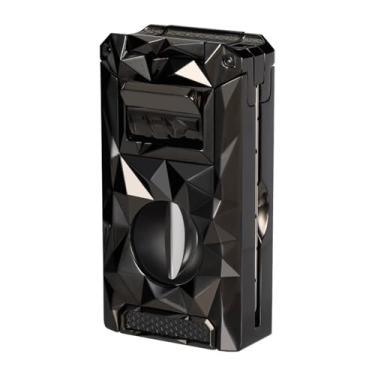 Imagem de Isqueiro triplo 5 em 1 com cortador em V, perfurador, suporte, realçador de puxar, chamas de jato à prova de vento, butano recarregável (gás butano não incluído) (preto)