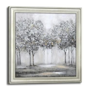 Imagem de Arte de parede abstrata em tela de floresta: pintura emoldurada de paisagem de árvores, grandes cenas da natureza, árvores cinzentas, decoração de imagem, floresta selvagem, arte para sala de estar