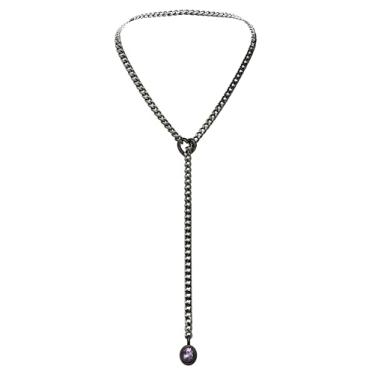 Imagem de EverGlimp Colar de corrente de coração para mulheres, corrente cubana de ouro com anel de coração removível, pingente de cristal brilhante, colar em Y ajustável, joia delicada. (preto e roxo)