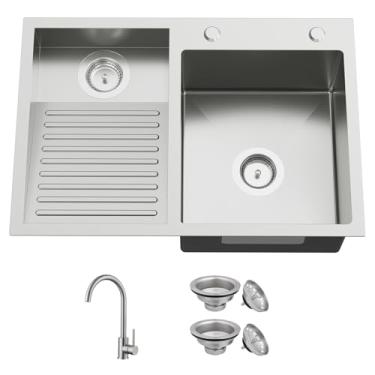 Imagem de Pia de lavanderia de aço inoxidável com tábua de lavar roupa - 70 x 40 cm, pia de montagem superior com tigela dupla, vem com conjunto de torneira e dreno, zona de lavagem dedicada para adicionar