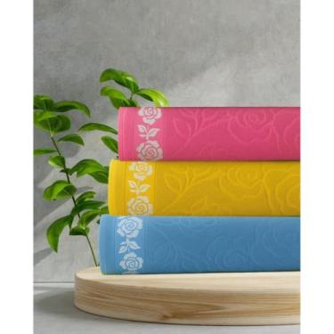 Imagem de Kit 3 Toalhas de Banho Bouquet 100% Algodão Super Macias e Absorventes – Conforto Premium (Kit 3 Amarelo-Rosa-Azul)