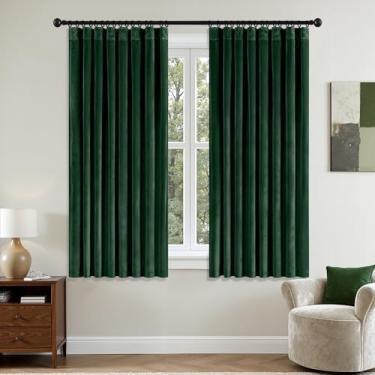 Imagem de Cortinas de veludo verde esmeralda 113 cm de comprimento, blecaute, isolamento térmico, à prova de som, cortinas de escurecimento de quarto, cortinas de janela plissadas para quarto, sala de estar