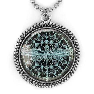 Imagem de Colar de mandala de libélula - Pingente de vidro feito à mão, joia esotérica, prata ou preto - 125-RN, Large, Metal, Sem Pedra Preciosa