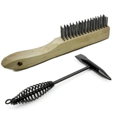 Imagem de Takelablaze Martelo de escória de soldagem de 26,7 cm com alça de mola helicoidal e escova de arame de 25 cm para projetos de soldagem de cone e cinzel vertical