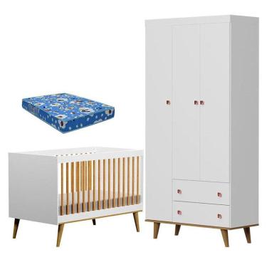 Imagem de Berço Ligia E Guarda Roupa Fernanda 3 Portas Branco Bétula Com Colchão Ortobom - Carolina Baby
