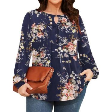 Imagem de Blusa feminina TFSDOD plus size de manga comprida floral azul marinho