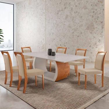 Imagem de Mesa Ellis 180cm Tampo Laqueado Com Vidro Com 6 Cadeiras Munique Linho Premuim/imbuia Nat./off White