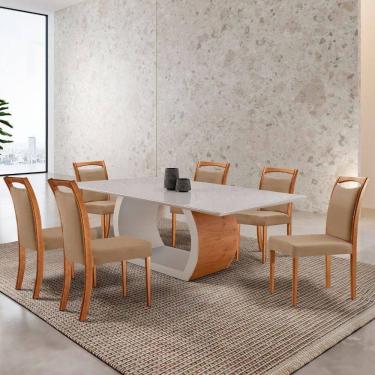 Imagem de Mesa Ellis 180cm Tampo Laqueado Com Vidro Com 6 Cadeiras Munique Linho Palha/imbuia Natural/off White