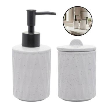 Imagem de Kit Banheiro Lavabo Cerâmica 2 Pçs Porta Sabonete Pote Tampa