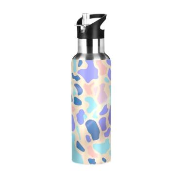 Imagem de Wassud Garrafa de água esportiva de aço inoxidável com isolamento a vácuo de 1000 ml com design de leopardo colorido com tampa de canudo à prova de vazamento, copo portátil, academia, viagem