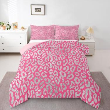 Imagem de jejeloiu Conjunto de edredom queen com estampa de leopardo, para crianças, meninos, meninas, rosa choque, decoração de quarto de microfibra, 3 peças com 2 fronhas