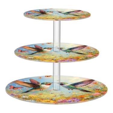 Imagem de CEBUGI Suporte de cupcake de 3 camadas, beija-flores, suporte redondo para bolo, torre, bandeja de servir em camadas de acrílico para chá, chá de bebê, casamento e mais