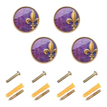 Imagem de Burbuja Maçanetas de armário de cozinha Mardi Gras Fleur-de-lis pacote com 4, puxadores redondos de 3,5 cm, puxadores de cômoda com parafusos para cozinha, quarto, armários, armário
