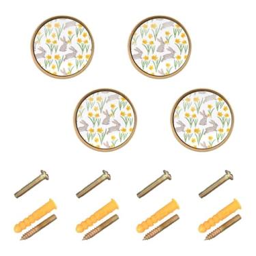 Imagem de Burbuja Maçanetas de armário de cozinha Bunny Flowers, pacote com 4, puxadores redondos de 3,5 cm, puxadores de cômoda com parafusos para cozinha, quarto, armários, armário