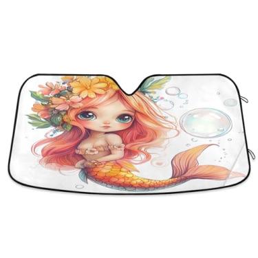Imagem de Qilmy Linda sombra de para-brisa de carro de sereia laranja de desenho animado, protetor de viseira dobrável mantém a frescura bloqueia raios UV e acessórios para proteger carros, SUVs, caminhões-(L